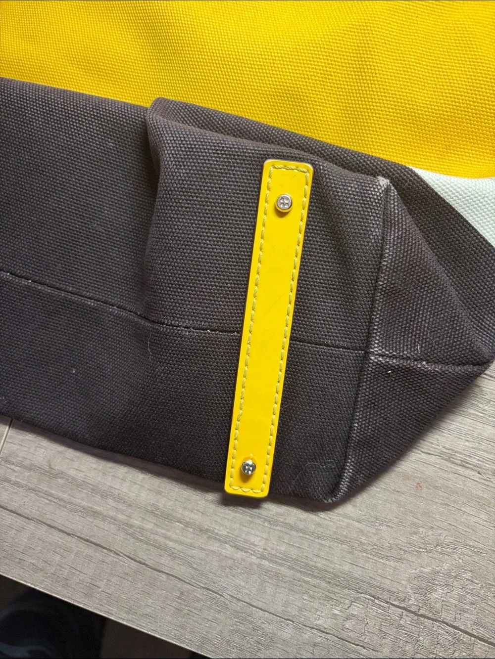 Striped Yellow, white and brown Canvas Bag with Patent Trim